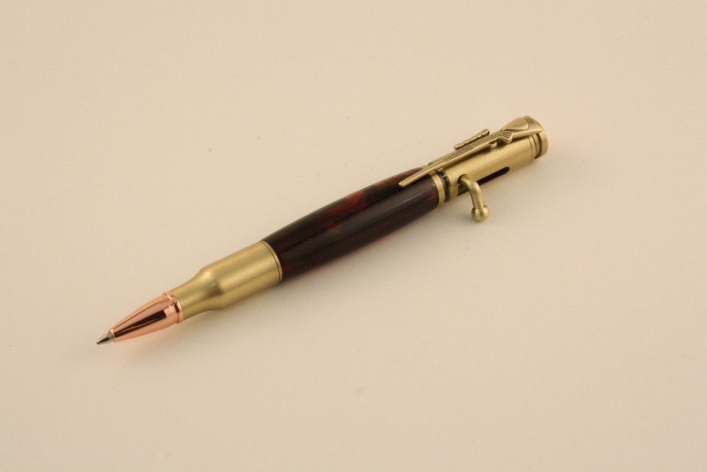 Antique Brass Bolt Action Pen with Red and Black Swirl Acrylic